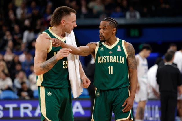 BASKETBALL AUSTRALIA PHILIPPINES, Bryce Cotton and Mitch Creek of the Australian Boomers are seen at quarter time during the World Cup qualifier basketball match between Australia and the Philippines at RAC Arena in Perth, Monday, July 6, 2026. ( NO ARCHIVING, EDITORIAL USE ONLY PERTH WESTERN AUSTRALIA AUSTRALIA  Copyright: xRICHARDxWAINWRIGHTx 20260706125405199121