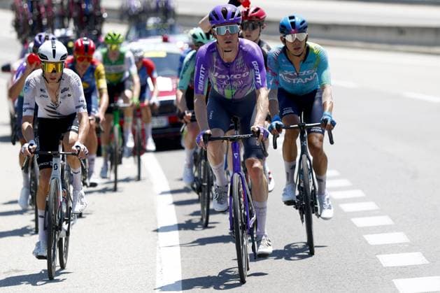 New Zealander George Bennett of NSN Cycling Team, Swiss Mauro Schmid of Team Jayco AlUla and Colombian Harold Tejada of XDS Astana Team pictured in action during stage 3 of the 2026 Tour de France cycling race, a stage of 195,9km from Granollers, Spain, to Les Angles, France, Monday 06 July 2026. The 113th edition of the Tour de France starts on Saturday 4 July in Barcelona, Spain, and will finish in Paris, France on the 26th of July. POOLxLUCAxBETTINI  x180506397x