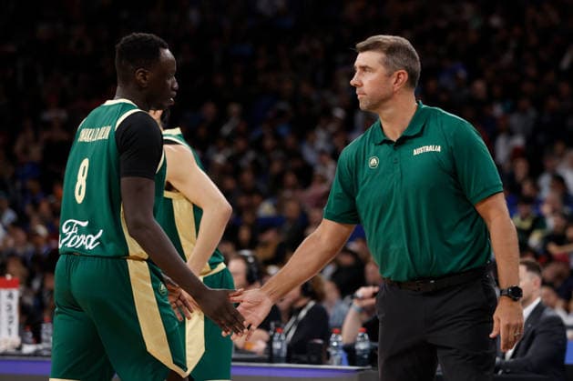 BASKETBALL AUSTRALIA PHILIPPINES, Adam Caporn, head coach of the Australian Boomers and Wani Swaka Lo Buluk of the Australian Boomers during the World Cup qualifier basketball match between Australia and the Philippines at RAC Arena in Perth, Monday, July 6, 2026. ( NO ARCHIVING, EDITORIAL USE ONLY PERTH WESTERN AUSTRALIA AUSTRALIA  Copyright: xRICHARDxWAINWRIGHTx 20260706169182492333