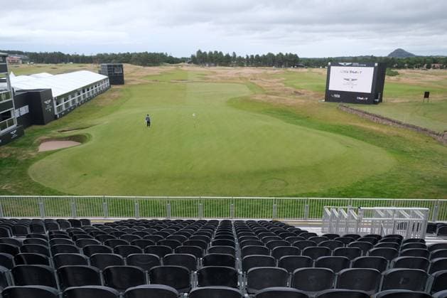 UK: The Genesis Scottish Open at The Renaissance Club, North Berwick, Scotland on 06 July 2026: Pictured: The 18th green from the stand during a practice round at the Genesis Scottish Open Championship 2026 North Berwick The Renaissance Club Scotland Scotland Copyright: xAlexxToddx