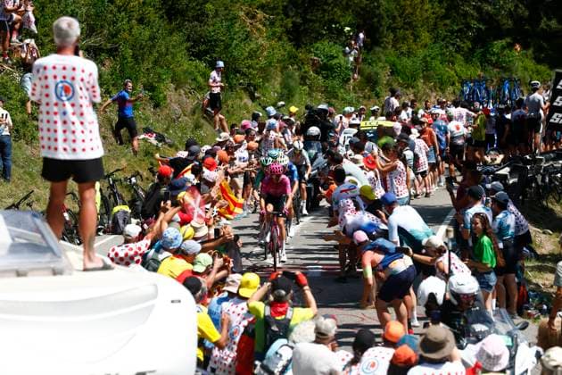 Tour de France 2026 Stage 3 LES ANGLES, FRANCE - JULY 06 : Baudin Alex (FRA) of EF Education - Easypost, Prodhomme Nicolas (FRA) of Decathlon CMA CGM Team, Van Mechelen Vlad (BEL) of Bahrain - Victorious, Bennett George (NZL) of NSN Cycling Team, Garcia Pierna Raul (ESP) of Movistar Team, Vercher Matteo (FRA) of TotalEnergies during stage 3 of the 113rd edition of Tour de France an UCI World Tour 2.UWT cycling road race stage for Men Elite of 196 km with start in Granollers and finish in Les Agnles on July 6, 2026 in Les Angles, France, 06 07 2026 Les Angles France  Copyright: xLucaxBettinix