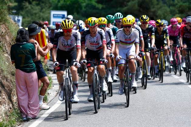 Tour de France 2026 Stage 3 LES ANGLES, FRANCE - JULY 06 : Wellens Tim (BEL) of UAE Team Emirates - XRG, Pogacar Tadej (SLO) of UAE Team Emirates - XRG during stage 3 of the 113rd edition of Tour de France an UCI World Tour 2.UWT cycling road race stage for Men Elite of 196 km with start in Granollers and finish in Les Agnles on July 6, 2026 in Les Angles, France, 06 07 2026 Les Angles France  Copyright: xLucaxBettinix