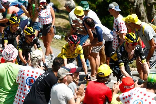 Tour de France 2026 Stage 3 LES ANGLES, FRANCE - JULY 06 : Vingegaard Jonas (DEN) of Team Visma Lease a Bike during stage 3 of the 113rd edition of Tour de France an UCI World Tour 2.UWT cycling road race stage for Men Elite of 196 km with start in Granollers and finish in Les Agnles on July 6, 2026 in Les Angles, France, 06 07 2026 Les Angles France  Copyright: xLucaxBettinix