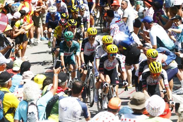 Danish Jonas Vingegaard of Team Visma-Lease a Bike, Mexican Isaac Del Toro of UAE Team Emirates XRG, British Adam Yates of UAE Team Emirates XRG and Slovenian Tadej Pogacar of UAE Team Emirates XRG pictured in action during stage 3 of the 2026 Tour de France cycling race, a stage of 195,9km from Granollers, Spain, to Les Angles, France, Monday 06 July 2026. The 113th edition of the Tour de France starts on Saturday 4 July in Barcelona, Spain, and will finish in Paris, France on the 26th of July. POOLxLUCAxBETTINI  x180512666x