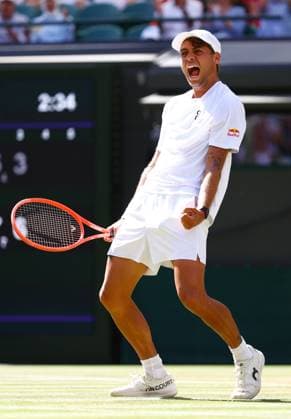 Flavio Cobolli celebrates victory in his third round match Wimbledon Tennis Championships, Day 8, The All England Lawn Tennis and Croquet Club, London, UK - 06 Jul 2026London The All England Lawn Tennis and United Kingdom  Copyright: xJamesxMarsh Shutterstockx 16978026dt