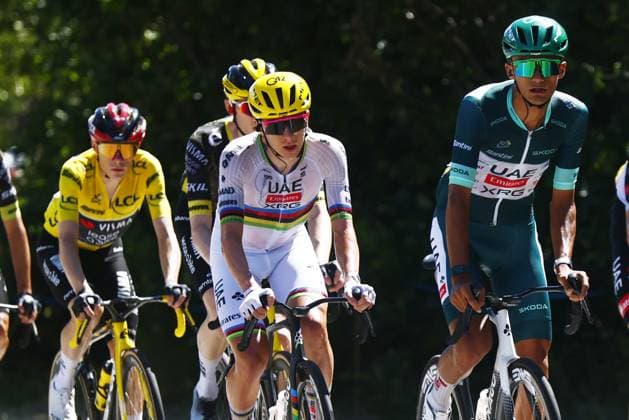 Danish Jonas Vingegaard of Team Visma-Lease a Bike, Slovenian Tadej Pogacar of UAE Team Emirates XRG and Mexican Isaac Del Toro of UAE Team Emirates XRG pictured in action during stage 3 of the 2026 Tour de France cycling race, a stage of 195,9km from Granollers, Spain, to Les Angles, France, Monday 06 July 2026. The 113th edition of the Tour de France starts on Saturday 4 July in Barcelona, Spain, and will finish in Paris, France on the 26th of July. POOLxLUCAxBETTINI  x180514274x