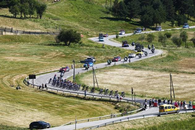 The pack of riders pictured in action during stage 3 of the 2026 Tour de France cycling race, a stage of 195,9km from Granollers, Spain, to Les Angles, France, Monday 06 July 2026. The 113th edition of the Tour de France starts on Saturday 4 July in Barcelona, Spain, and will finish in Paris, France on the 26th of July. POOLxLUCAxBETTINI  x180514747x