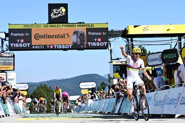 Tour de France 2026 Stage 3 LES ANGLES, FRANCE - JULY 06 : Pogacar Tadej (SLO) of UAE Team Emirates - XRG wins during stage 3 of the 113rd edition of Tour de France an UCI World Tour 2.UWT cycling road race stage for Men Elite of 196 km with start in Granollers and finish in Les Angles on July 6, 2026 in Les Angles, France, 06 07 2026 Les Angles France  Copyright: xPeterxDexVoechtx