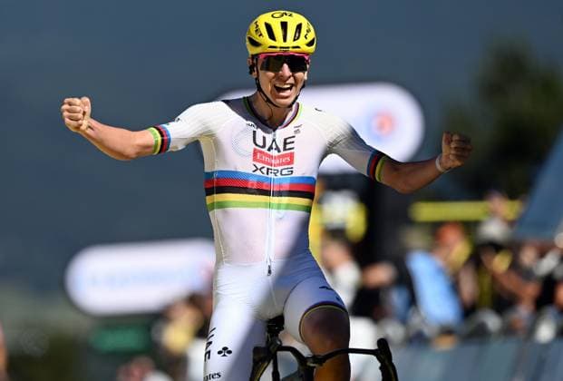 Slovenian Tadej Pogacar of UAE Team Emirates XRG celebrates after winning stage 3 of the 2026 Tour de France cycling race, a stage of 195,9km from Granollers, Spain, to Les Angles, France, Monday 06 July 2026. The 113th edition of the Tour de France starts on Saturday 4 July in Barcelona, Spain, and will finish in Paris, France on the 26th of July. JASPERxJACOBS  x180515279x
