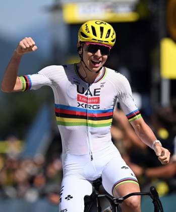 Slovenian Tadej Pogacar of UAE Team Emirates XRG celebrates after winning stage 3 of the 2026 Tour de France cycling race, a stage of 195,9km from Granollers, Spain, to Les Angles, France, Monday 06 July 2026. The 113th edition of the Tour de France starts on Saturday 4 July in Barcelona, Spain, and will finish in Paris, France on the 26th of July. JASPERxJACOBS  x180515289x