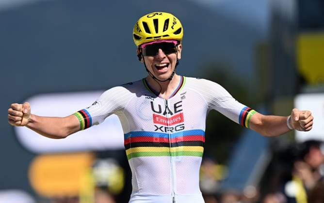 Slovenian Tadej Pogacar of UAE Team Emirates XRG celebrates after winning stage 3 of the 2026 Tour de France cycling race, a stage of 195,9km from Granollers, Spain, to Les Angles, France, Monday 06 July 2026. The 113th edition of the Tour de France starts on Saturday 4 July in Barcelona, Spain, and will finish in Paris, France on the 26th of July. JASPERxJACOBS  x180515292x