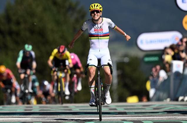 Slovenian Tadej Pogacar of UAE Team Emirates XRG celebrates after winning stage 3 of the 2026 Tour de France cycling race, a stage of 195,9km from Granollers, Spain, to Les Angles, France, Monday 06 July 2026. The 113th edition of the Tour de France starts on Saturday 4 July in Barcelona, Spain, and will finish in Paris, France on the 26th of July. JASPERxJACOBS  x180515296x