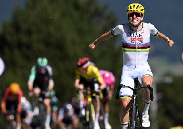Slovenian Tadej Pogacar of UAE Team Emirates XRG celebrates after winning stage 3 of the 2026 Tour de France cycling race, a stage of 195,9km from Granollers, Spain, to Les Angles, France, Monday 06 July 2026. The 113th edition of the Tour de France starts on Saturday 4 July in Barcelona, Spain, and will finish in Paris, France on the 26th of July. JASPERxJACOBS  x180515351x