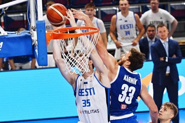 L-R Markus Ilver (Estonia) and James Karnik (Czechia) in action during men s Basketball World Cup 2027 group H qualifier: Czechia vs Estonia, in Brno, Czech Republic, on July 6, 2026. (CTKxPhoto PatrikxUhlir) CTKPhotoP2026070606107  CTKPhotoP2026070606107