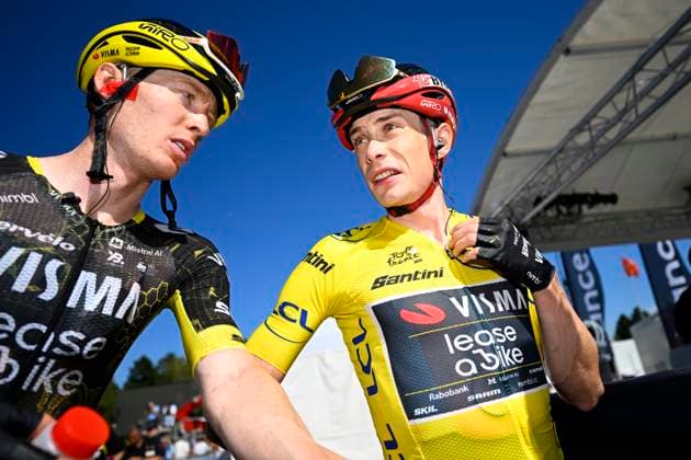 Tour de France 2026 Stage 3 LES ANGLES, FRANCE - JULY 06 : Jorgenson Matteo (USA) of Team Visma Lease a Bike and Vingegaard Jonas (DEN) of Team Visma Lease a Bike after stage 3 of the 113rd edition of Tour de France an UCI World Tour 2.UWT cycling road race stage for Men Elite of 196 km with start in Granollers and finish in Les Angles on July 6, 2026 in Les Angles, France, 06 07 2026 Les Angles France  Copyright: xTomasxSiskx
