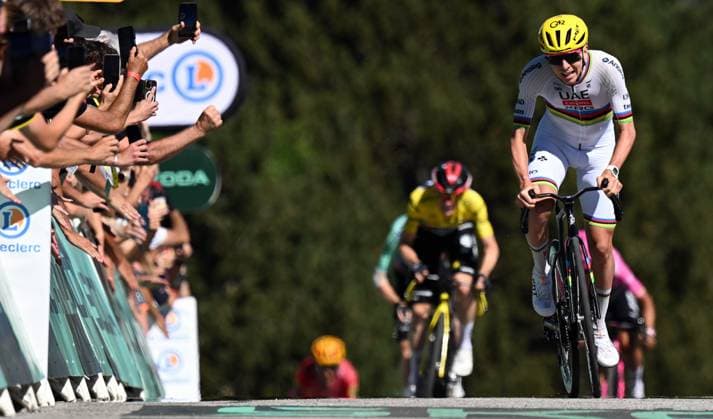 Slovenian Tadej Pogacar of UAE Team Emirates XRG on his way to win stage 3 of the 2026 Tour de France cycling race, a stage of 195,9km from Granollers, Spain, to Les Angles, France, Monday 06 July 2026. The 113th edition of the Tour de France starts on Saturday 4 July in Barcelona, Spain, and will finish in Paris, France on the 26th of July. JASPERxJACOBS  x180515757x