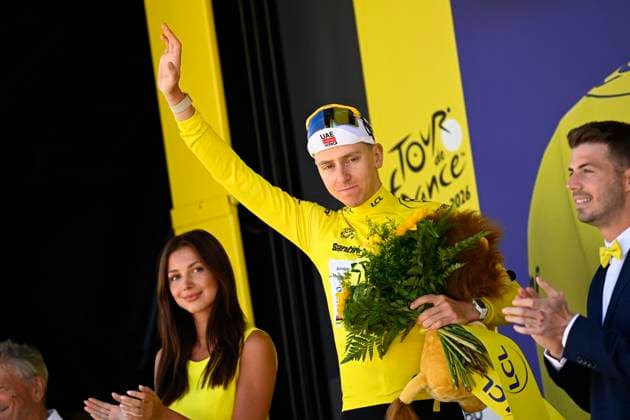 Tour de France 2026 Stage 3 LES ANGLES, FRANCE - JULY 06 : Pogacar Tadej (SLO) of UAE Team Emirates - XRG pictured with the yellow jersey during the podium ceremony of stage 3 of the 113rd edition of Tour de France an UCI World Tour 2.UWT cycling road race stage for Men Elite of 196 km with start in Granollers and finish in Les Angles on July 6, 2026 in Les Angles, France, 06 07 2026 Les Angles France  Copyright: xTomasxSiskx