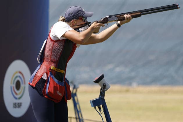 IPA86441098 - Samantha Simonton of the United States takes a shot during the second day of the ISSF World Cup Shotgun competition at the Concaverde Shooting Range on July 6, 2026, in Lonato del Garda, Italy.  Copyright: xRichardxMorgano IPAxSportx xx 86441098