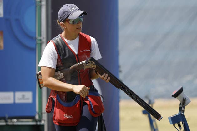 IPA86441101 - Samantha Simonton of the United States reacts during the second day of the ISSF World Cup Shotgun competition at the Concaverde Shooting Range on July 6, 2026, in Lonato del Garda, Italy.  Copyright: xRichardxMorgano IPAxSportx xx 86441101