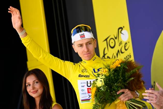 Tour de France 2026 Stage 3 LES ANGLES, FRANCE - JULY 06 : Pogacar Tadej (SLO) of UAE Team Emirates - XRG pictured with the yellow jersey during the podium ceremony of stage 3 of the 113rd edition of Tour de France an UCI World Tour 2.UWT cycling road race stage for Men Elite of 196 km with start in Granollers and finish in Les Angles on July 6, 2026 in Les Angles, France, 06 07 2026 Les Angles France  Copyright: xTomasxSiskx