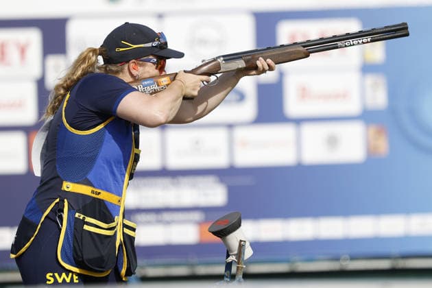 IPA86441123 - Victoria Larsson of Sweden competes on the second day of the ISSF World Cup Shotgun event at the Concaverde Shooting Range on July 6, 2026, in Lonato del Garda, Italy.  Copyright: xRichardxMorgano IPAxSportx xx 86441123