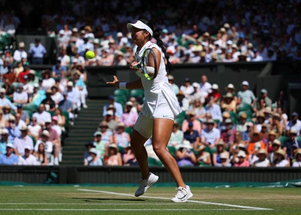 6th July 2026; All England Lawn Tennis and Croquet Club, London, England; Wimbledon Tennis Tournament, Day Eight; Alexandra Eala (PHL) with a forehand shot to Jasmine Paolini (ITA) JohnxPatrickxFletcher