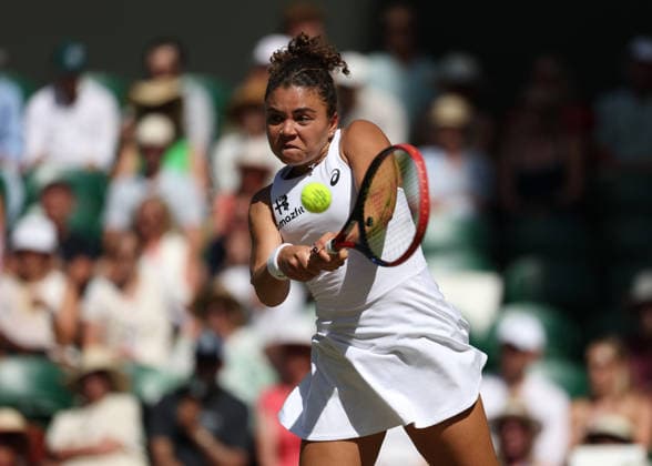 6th July 2026; All England Lawn Tennis and Croquet Club, London, England; Wimbledon Tennis Tournament, Day Eight; Jasmine Paolini (ITA) with a backhand shot to Alexandra Eala (PHL) JohnxPatrickxFletcher