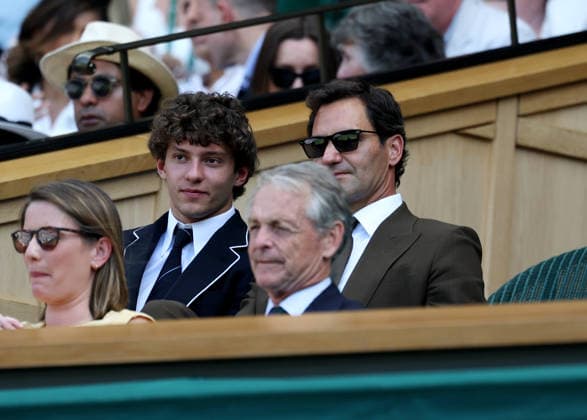 6th July 2026; All England Lawn Tennis and Croquet Club, London, England; Wimbledon Tennis Tournament, Day Eight; Eight time Wimbledon Champion Roger Federer sits next to Formula One Mercedes Driver Andrea Kimi Antonelli in the royal box JohnxPatrickxFletcher