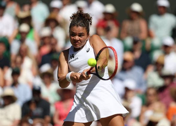 6th July 2026; All England Lawn Tennis and Croquet Club, London, England; Wimbledon Tennis Tournament, Day Eight; Jasmine Paolini (ITA) with a backhand shot to Alexandra Eala (PHL) JohnxPatrickxFletcher