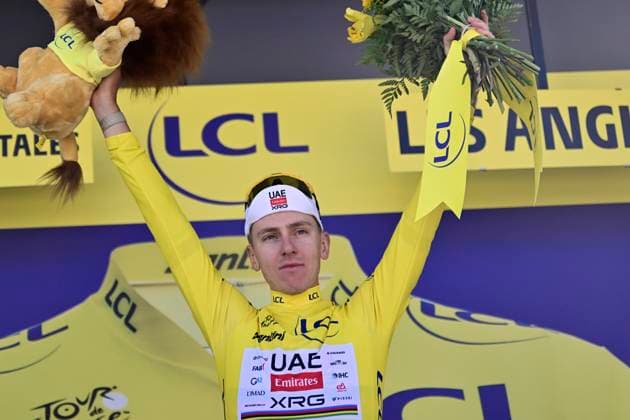 Tour de France 2026 Stage 3 LES ANGLES, FRANCE - JULY 06 : Pogacar Tadej (SLO) of UAE Team Emirates - XRG pictured with the yellow jersey during the podium ceremony of stage 3 of the 113rd edition of Tour de France an UCI World Tour 2.UWT cycling road race stage for Men Elite of 196 km with start in Granollers and finish in Les Angles on July 6, 2026 in Les Angles, France, 06 07 2026 Les Angles France  Copyright: xPeterxDexVoechtx