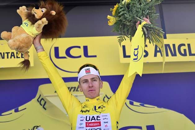 Tour de France 2026 Stage 3 LES ANGLES, FRANCE - JULY 06 : Pogacar Tadej (SLO) of UAE Team Emirates - XRG pictured with the yellow jersey during the podium ceremony of stage 3 of the 113rd edition of Tour de France an UCI World Tour 2.UWT cycling road race stage for Men Elite of 196 km with start in Granollers and finish in Les Angles on July 6, 2026 in Les Angles, France, 06 07 2026 Les Angles France  Copyright: xPeterxDexVoechtx