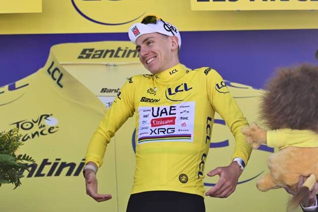 Tour de France 2026 Stage 3 LES ANGLES, FRANCE - JULY 06 : Pogacar Tadej (SLO) of UAE Team Emirates - XRG pictured with the yellow jersey during the podium ceremony of stage 3 of the 113rd edition of Tour de France an UCI World Tour 2.UWT cycling road race stage for Men Elite of 196 km with start in Granollers and finish in Les Angles on July 6, 2026 in Les Angles, France, 06 07 2026 Les Angles France  Copyright: xPeterxDexVoechtx