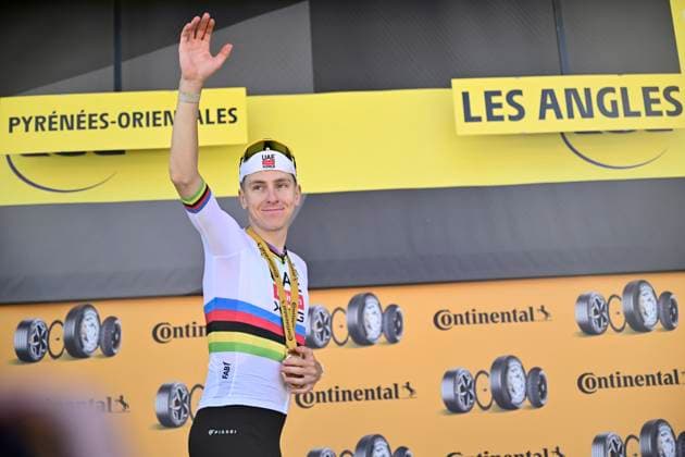 Tour de France 2026 Stage 3 LES ANGLES, FRANCE - JULY 06 : Pogacar Tadej (SLO) of UAE Team Emirates - XRG pictured during the podium ceremony of stage 3 of the 113rd edition of Tour de France an UCI World Tour 2.UWT cycling road race stage for Men Elite of 196 km with start in Granollers and finish in Les Angles on July 6, 2026 in Les Angles, France, 06 07 2026 Les Angles France  Copyright: xPeterxDexVoechtx