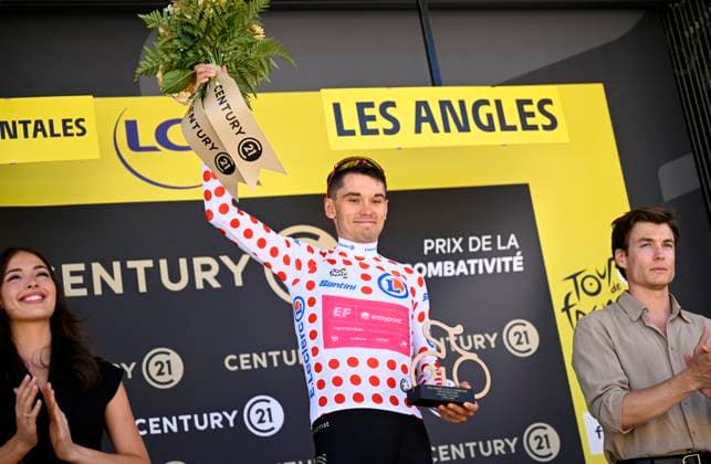 Tour de France 2026 Stage 3 LES ANGLES, FRANCE - JULY 06 : Baudin Alex (FRA) of EF Education - Easypost pictured with the polka dot jersey during the podium ceremony of stage 3 of the 113rd edition of Tour de France an UCI World Tour 2.UWT cycling road race stage for Men Elite of 196 km with start in Granollers and finish in Les Angles on July 6, 2026 in Les Angles, France, 06 07 2026 Les Angles France  Copyright: xTomasxSiskx