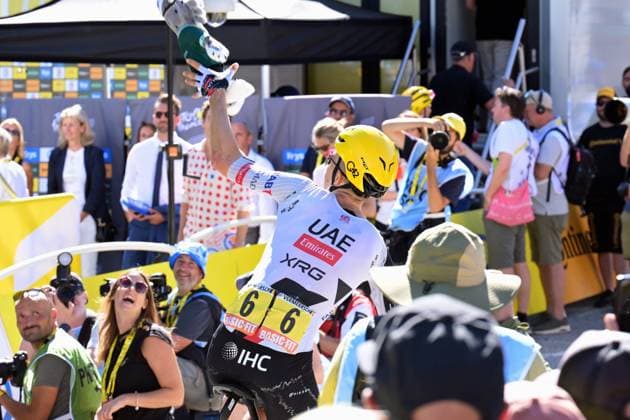 Belgian Florian Vermeersch of UAE Team Emirates XRG catches a stuffed animal in a green at the finish of stage 3 of the 2026 Tour de France cycling race, a stage of 195,9km from Granollers, Spain, to Les Angles, France, Monday 06 July 2026. The 113th edition of the Tour de France starts on Saturday 4 July in Barcelona, Spain, and will finish in Paris, France on the 26th of July. DAVIDxPINTENS  x180517388x