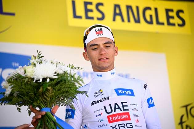 Tour de France 2026 Stage 3 LES ANGLES, FRANCE - JULY 06 : Del Toro Isaac (MEX) of UAE Team Emirates - XRG pictured with the white jersey during the podium ceremony of stage 3 of the 113rd edition of Tour de France an UCI World Tour 2.UWT cycling road race stage for Men Elite of 196 km with start in Granollers and finish in Les Angles on July 6, 2026 in Les Angles, France, 06 07 2026 Les Angles France  Copyright: xTomasxSiskx