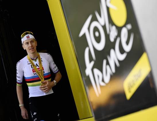 Slovenian Tadej Pogacar of UAE Team Emirates XRG celebrates on the podium after winning stage 3 of the 2026 Tour de France cycling race, a stage of 195,9km from Granollers, Spain, to Les Angles, France, Monday 06 July 2026. The 113th edition of the Tour de France starts on Saturday 4 July in Barcelona, Spain, and will finish in Paris, France on the 26th of July. JASPERxJACOBS  x180517655x