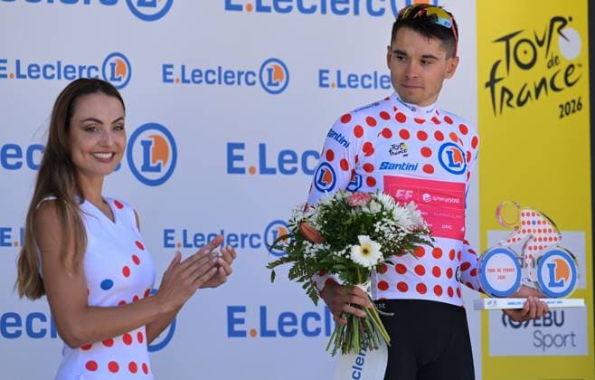 French Alex Baudin of EF Education-EasyPost celebrates on the podium in the red polka-dot jersey for best climber after stage 3 of the 2026 Tour de France cycling race, a stage of 195,9km from Granollers, Spain, to Les Angles, France, Monday 06 July 2026. The 113th edition of the Tour de France starts on Saturday 4 July in Barcelona, Spain, and will finish in Paris, France on the 26th of July. DAVIDxPINTENS  x180518097x