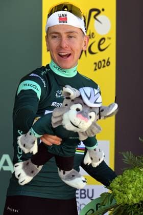 Slovenian Tadej Pogacar of UAE Team Emirates XRG celebrates on the podium in the green jersey of leader in the sprint ranking after stage 3 of the 2026 Tour de France cycling race, a stage of 195,9km from Granollers, Spain, to Les Angles, France, Monday 06 July 2026. The 113th edition of the Tour de France starts on Saturday 4 July in Barcelona, Spain, and will finish in Paris, France on the 26th of July. DAVIDxPINTENS  x180518553x