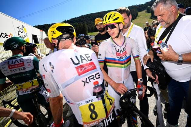 Tour de France 2026 Stage 3 LES ANGLES, FRANCE - JULY 06 : Pogacar Tadej (SLO) of UAE Team Emirates - XRG celebrates the victory after stage 3 of the 113rd edition of Tour de France an UCI World Tour 2.UWT cycling road race stage for Men Elite of 196 km with start in Granollers and finish in Les Angles on July 6, 2026 in Les Angles, France, 06 07 2026 Les Angles France  Copyright: xTomasxSiskx
