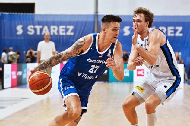 L-R Vit Krejci (Czechia) and Sander Raieste (Estonia) in action during men s Basketball World Cup 2027 group H qualifier: Czechia vs Estonia, in Brno, Czech Republic, on July 6, 2026. (CTKxPhoto PatrikxUhlir) CTKPhotoP2026070606629  CTKPhotoP2026070606629