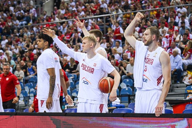 Krakow 06.07.2026. Basketball 2027 FIBA Basketball World Cup Qualifiers First Round: Poland vs. The Netherlands --- Koszykowka Eliminacje Mistrzostw Swiata FIBA 2027 - pierwsza runda: Polska - Holandia. Persons shown: Lukasz Kolenda Michal Sokolowski Fot. Antoni Dec Arena Akcji NEWSPIX.PL --- newspix.pl 