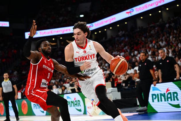 Turkiye v Switzerland - 2027 World Cup European Qualifiers ISTANBUL, TURKIYE - JULY 6: Cedi Osman (R) of Turkiye in action against Boris Mbala (0) of Switzerland during the first round of the 2027 World Cup European Qualifiers Group C basketball match between Turkiye and Switzerland at Sinan Erdem Dome in Istanbul, Turkiye on July 6, 2026. Elif Ozturk Anadolu Istanbul Turkey. Editorial use only. Please get in touch for any other usage.  Copyright: x2026xAnadoluxElifxOzturkx