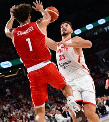 Turkiye v Switzerland - 2027 World Cup European Qualifiers ISTANBUL, TURKIYE - JULY 6: Alperen Sengun (23) of Turkiye in action against Alexander Schumacher (1) of Switzerland during the first round of the 2027 World Cup European Qualifiers Group C final basketball match between Turkiye and Switzerland at Sinan Erdem Dome in Istanbul, Turkiye on July 6, 2026. Elif Ozturk Anadolu Istanbul Turkey. Editorial use only. Please get in touch for any other usage.  Copyright: x2026xAnadoluxElifxOzturkx