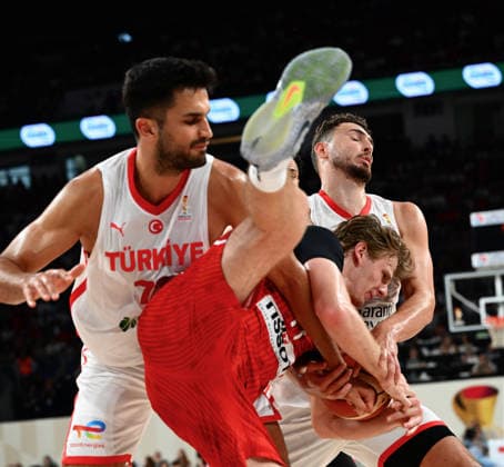 Turkiye v Switzerland - 2027 World Cup European Qualifiers ISTANBUL, TURKIYE - JULY 6: Alperen Sengun (23) of Turkiye in action against Yuri Solca (C) of Switzerland during the first round of the 2027 World Cup European Qualifiers Group C final basketball match between Turkiye and Switzerland at Sinan Erdem Dome in Istanbul, Turkiye on July 6, 2026. Elif Ozturk Anadolu Istanbul Turkey. Editorial use only. Please get in touch for any other usage.  Copyright: x2026xAnadoluxElifxOzturkx