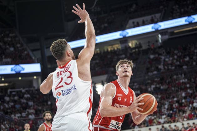 Turkiye v Switzerland - FIBA Basketball World Cup 2027 European Qualifiers ISTANBUL, TURKIYE - JULY 6: Alperen Sengun (23) of Turkiye in action against Niko Rocak (L) of Switzerland during the first round of the 2027 World Cup European Qualifiers Group C basketball match between Turkiye and Switzerland at Sinan Erdem Sports Hall in Istanbul, Turkiye, on July 6, 2026. Beyza Comert Anadolu Istanbul Turkey. Editorial use only. Please get in touch for any other usage.  Copyright: x2026xAnadoluxBeyzaxComertx