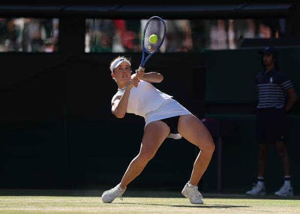 6th July 2026; All England Lawn Tennis and Croquet Club, London, England; Wimbledon Tennis Tournament, Day Eight; Linda Noskova (CZE) with a backhand shot to Madison Keys (USA) JohnxPatrickxFletcher