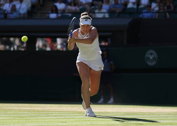 6th July 2026; All England Lawn Tennis and Croquet Club, London, England; Wimbledon Tennis Tournament, Day Eight; Linda Noskova (CZE) with a backhand shot to Madison Keys (USA) JohnxPatrickxFletcher
