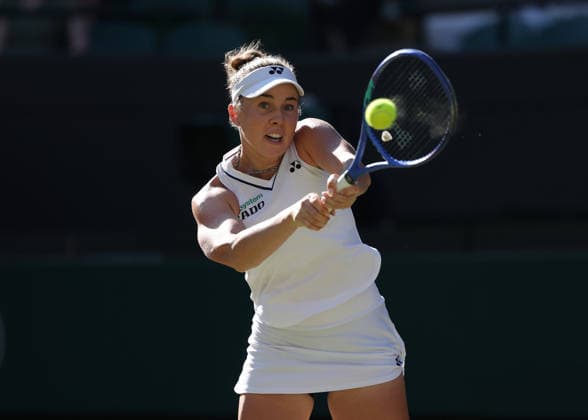 6th July 2026; All England Lawn Tennis and Croquet Club, London, England; Wimbledon Tennis Tournament, Day Eight; Linda Noskova (CZE) with a backhand shot to Madison Keys (USA) JohnxPatrickxFletcher
