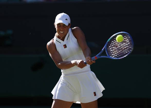 6th July 2026; All England Lawn Tennis and Croquet Club, London, England; Wimbledon Tennis Tournament, Day Eight; Madison Keys (USA) with a forehand shot to Linda Noskova (CZE) JohnxPatrickxFletcher